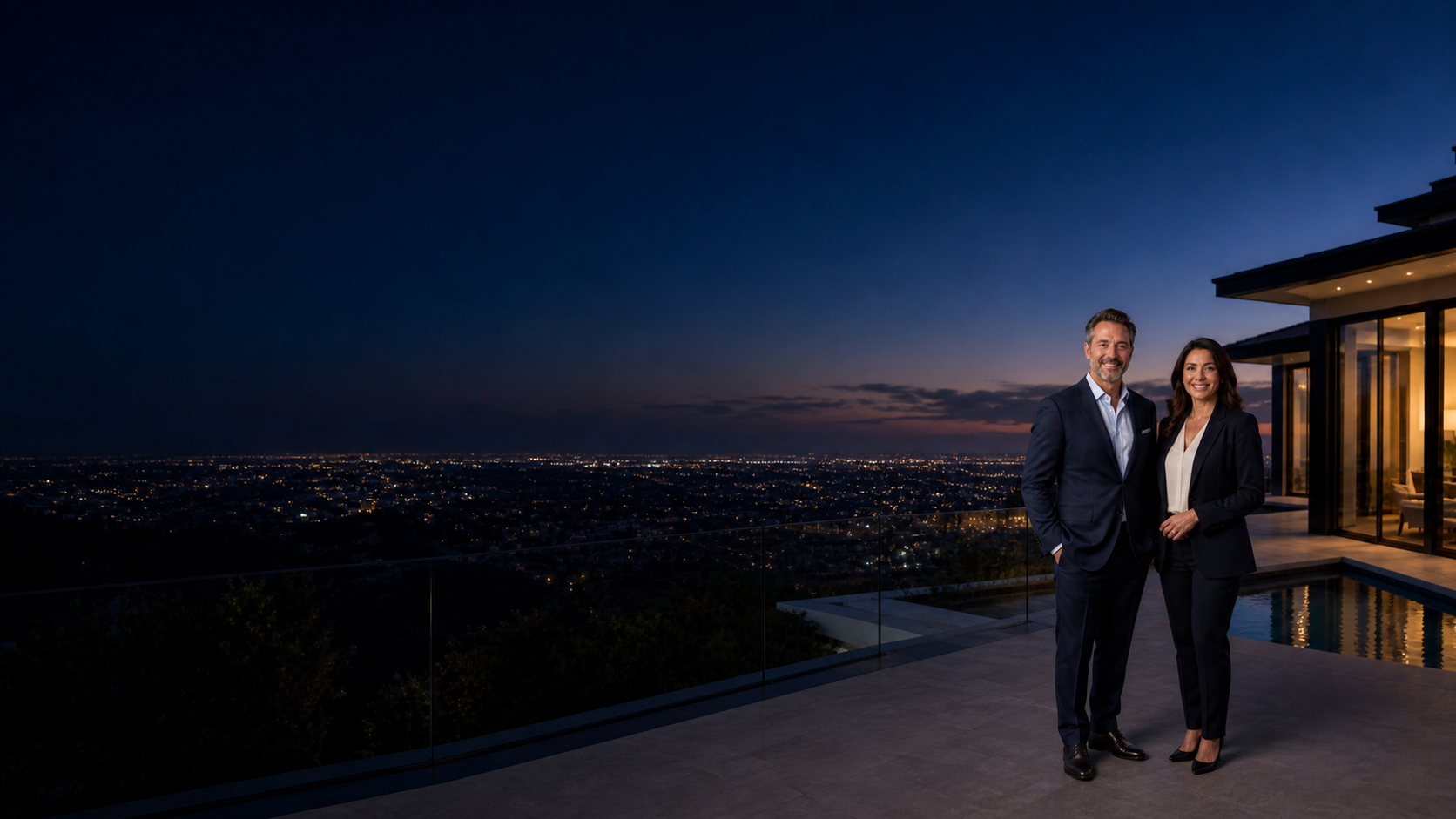 Two real estate professionals standing on a luxury terrace overlooking city lights at night