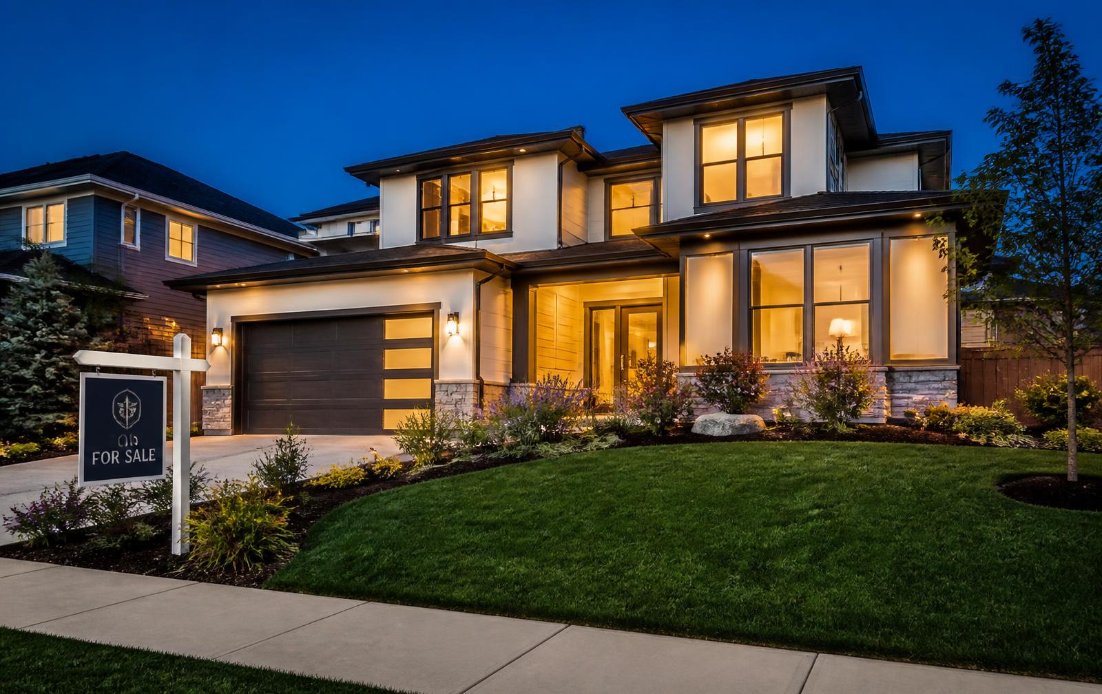 Modern suburban home at dusk with a for-sale sign in the yard
